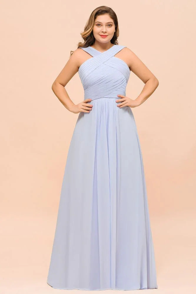 Abito da damigella d'onore lavanda taglia forte con collo all'americana e lunghezza fino al pavimento per invitata a matrimonio