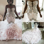 Plus Size Mermaid Crystal Lace Beads Sweetheart Long Train African Custom Made Ruffless Wedding Dress