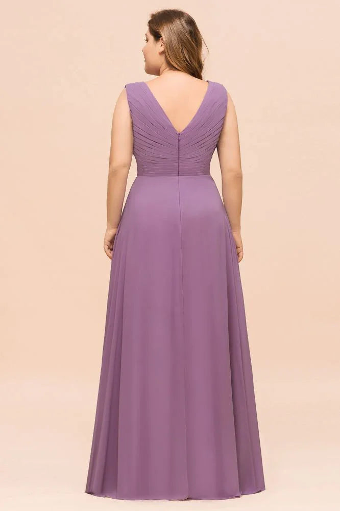 Abito da damigella d'onore viola taglia forte lungo in chiffon per invitata a matrimonio