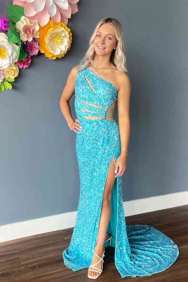 Vestido de fiesta largo color lila con un hombro descubierto, corte sirena, lentejuelas y abertura