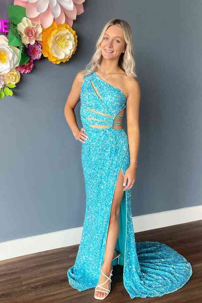 Vestido de fiesta largo color lila con un hombro descubierto, corte sirena, lentejuelas y abertura