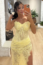 Daffodil Yellow Sweetheart Sleeveless Mermaid Prom Dress With Appliques And Slit