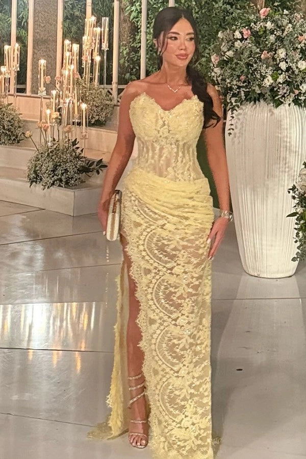 Daffodil Yellow Sweetheart Sleeveless Mermaid Prom Dress With Appliques And Slit
