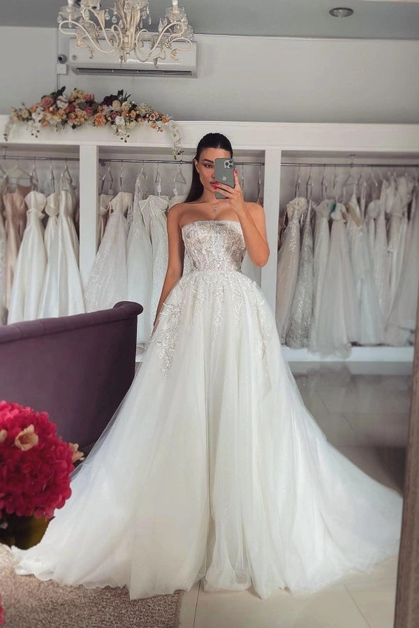 Popular Ivory Strapless A Line Wedding Dress With Appliques And Detachable Coat