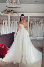 Popular Ivory Strapless A Line Wedding Dress With Appliques And Detachable Coat