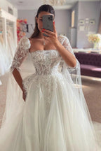 Popular Ivory Strapless A Line Wedding Dress With Appliques And Detachable Coat