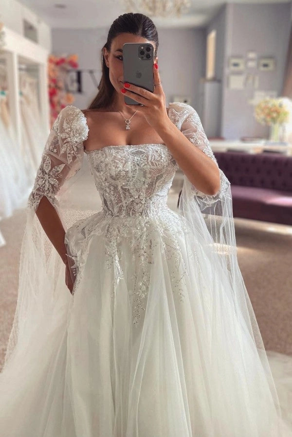 Popular Ivory Strapless A Line Wedding Dress With Appliques And Detachable Coat