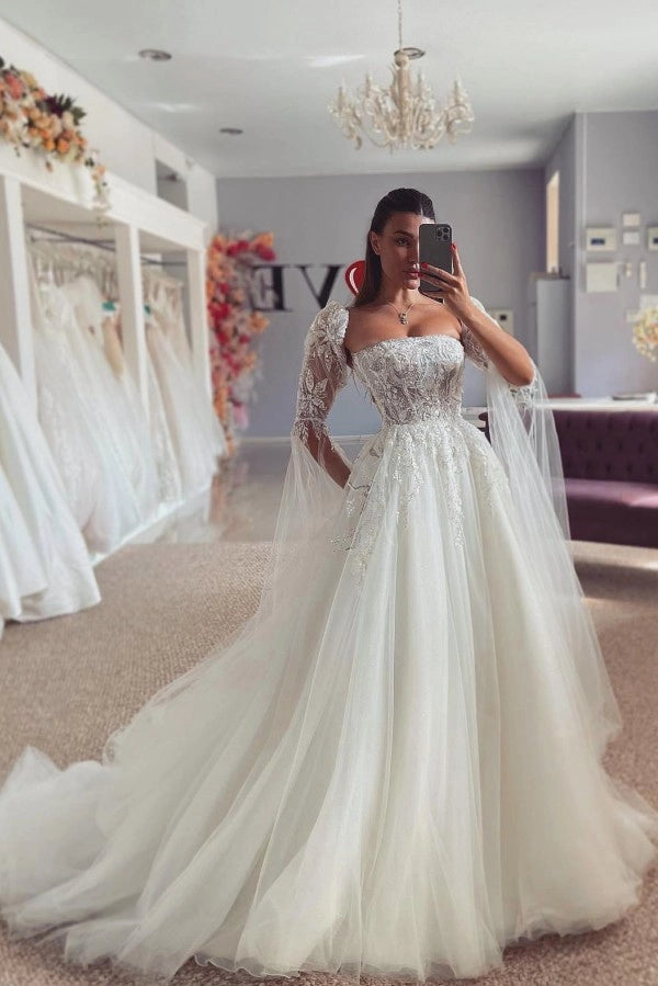 Popular Ivory Strapless A Line Wedding Dress With Appliques And Detachable Coat