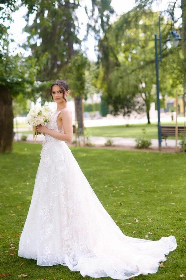 Ivory V Neck Sleeveless A Line Wedding Dress With Appliques