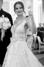Ivory V Neck Sleeveless A Line Wedding Dress With Appliques