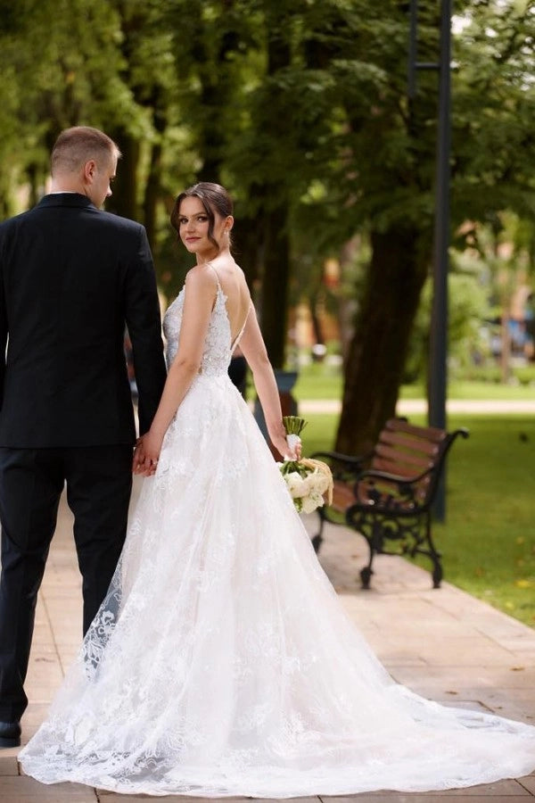 Ivory V Neck Sleeveless A Line Wedding Dress With Appliques