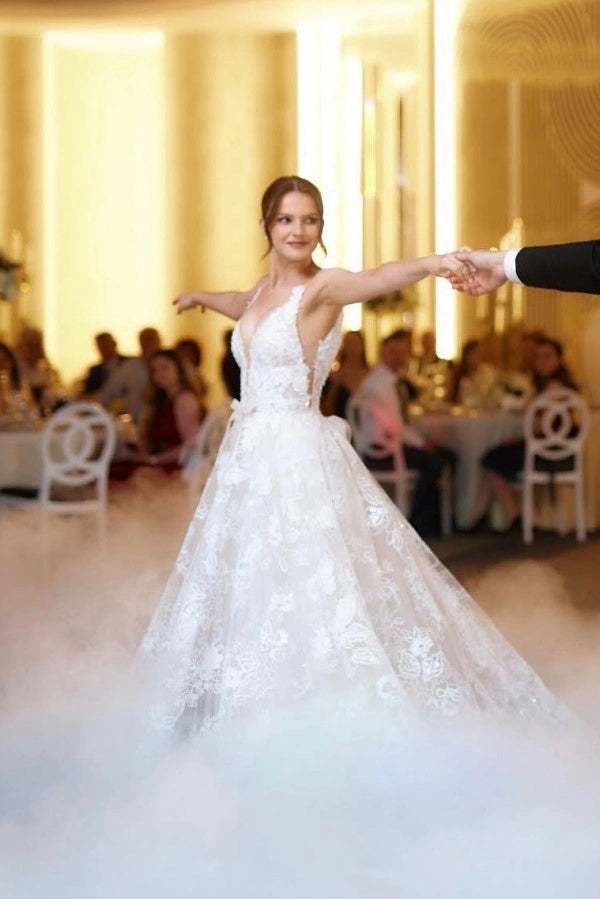 Ivory V Neck Sleeveless A Line Wedding Dress With Appliques