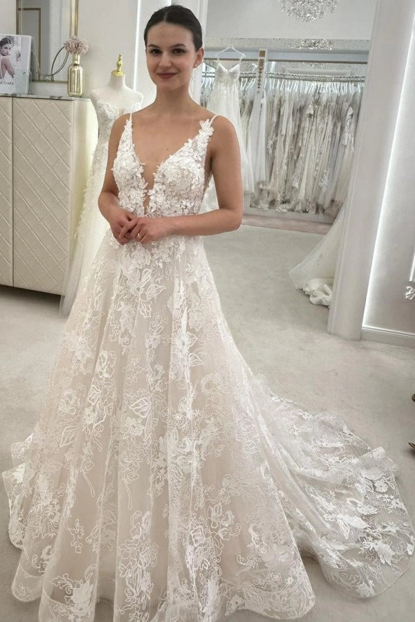 Ivory V Neck Sleeveless A Line Wedding Dress With Appliques