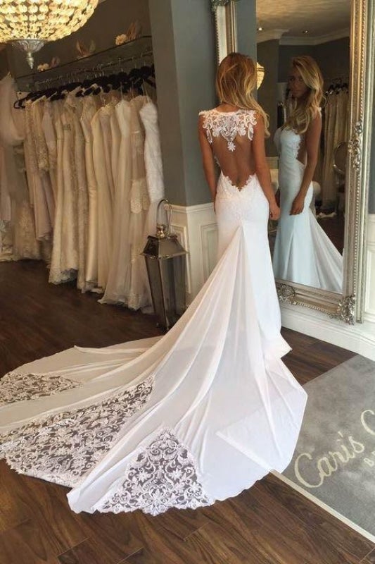 Vestidos de noiva elegantes e longos sem mangas com bainha e renda
