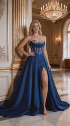 Vestido Corset Azul Marinho Sem Alças Com Corpete Com Contas E Cauda Com Fenda Alta
