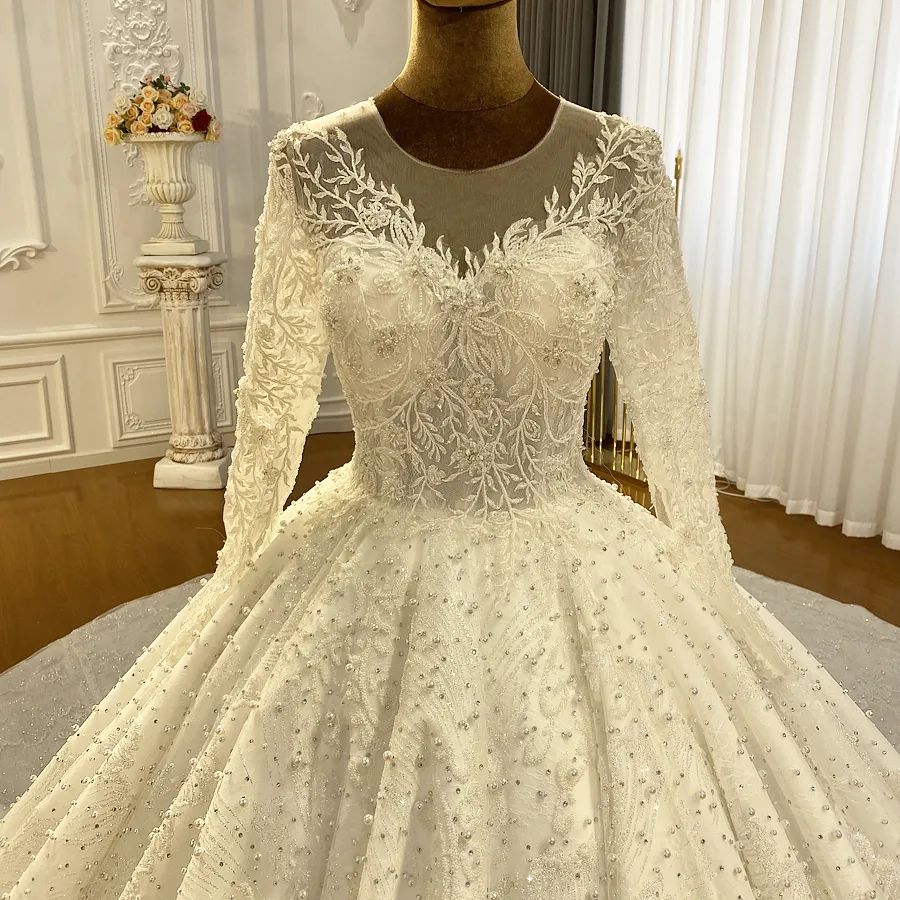 Abito da sposa principessa elegante a linea ad A con maniche lunghe in pizzo e strascico