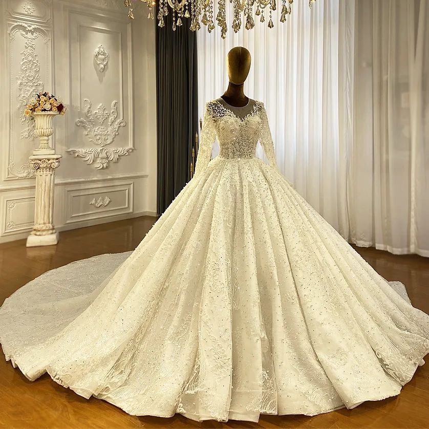 Abito da sposa principessa elegante a linea ad A con maniche lunghe in pizzo e strascico