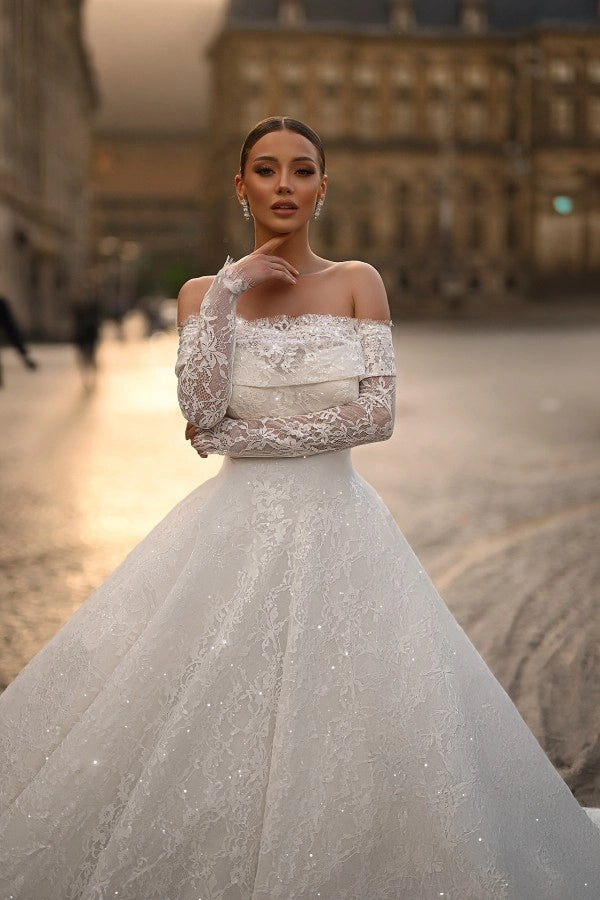 Princess Ivory Off The Shoulder Ball Gown Wedding Dress With Appliques