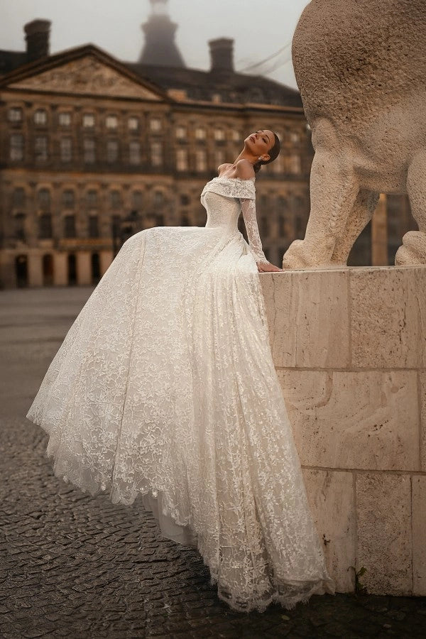 Princess Ivory Off The Shoulder Ball Gown Wedding Dress With Appliques
