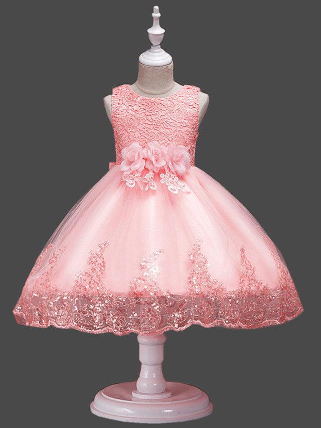 Princess Lace Sleeveless Flower Girl Dress With Jewel Neck For Wedding Birthday