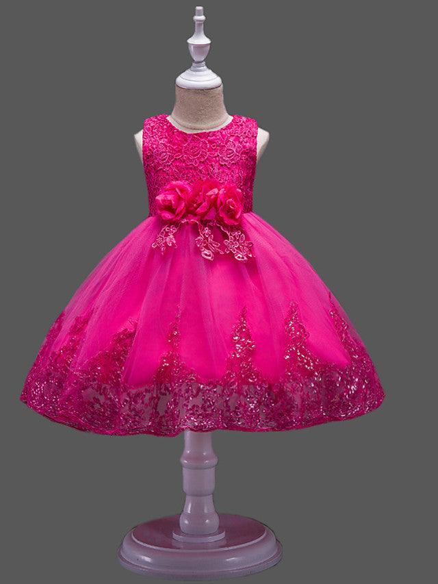 Princess Lace Sleeveless Flower Girl Dress With Jewel Neck For Wedding Birthday