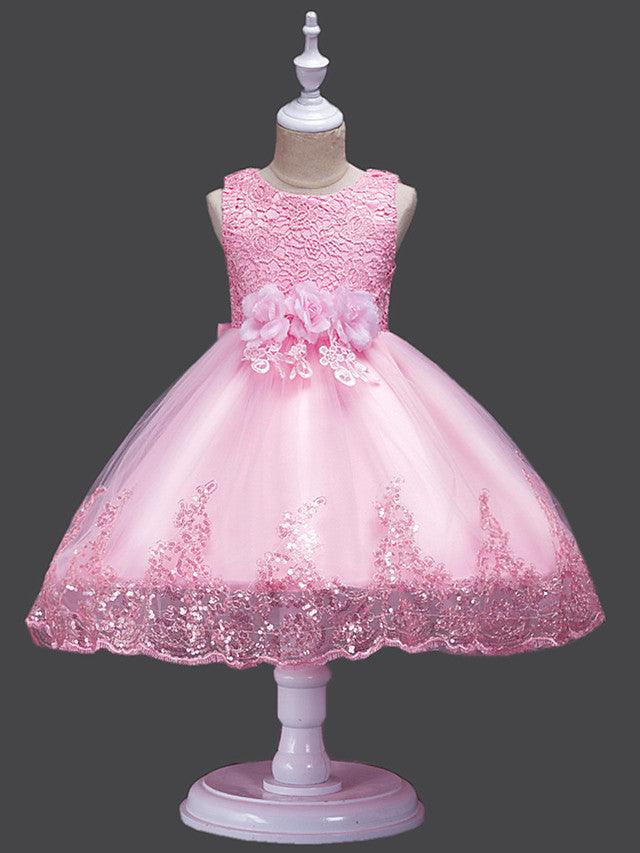 Princess Lace Sleeveless Flower Girl Dress With Jewel Neck For Wedding Birthday