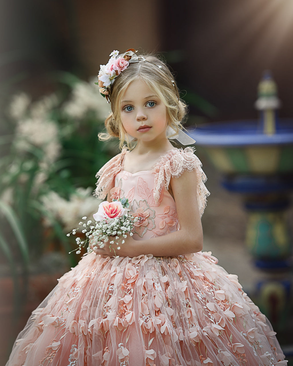 Princess Pink Lace Flower Girls Dress With Cap Sleeves