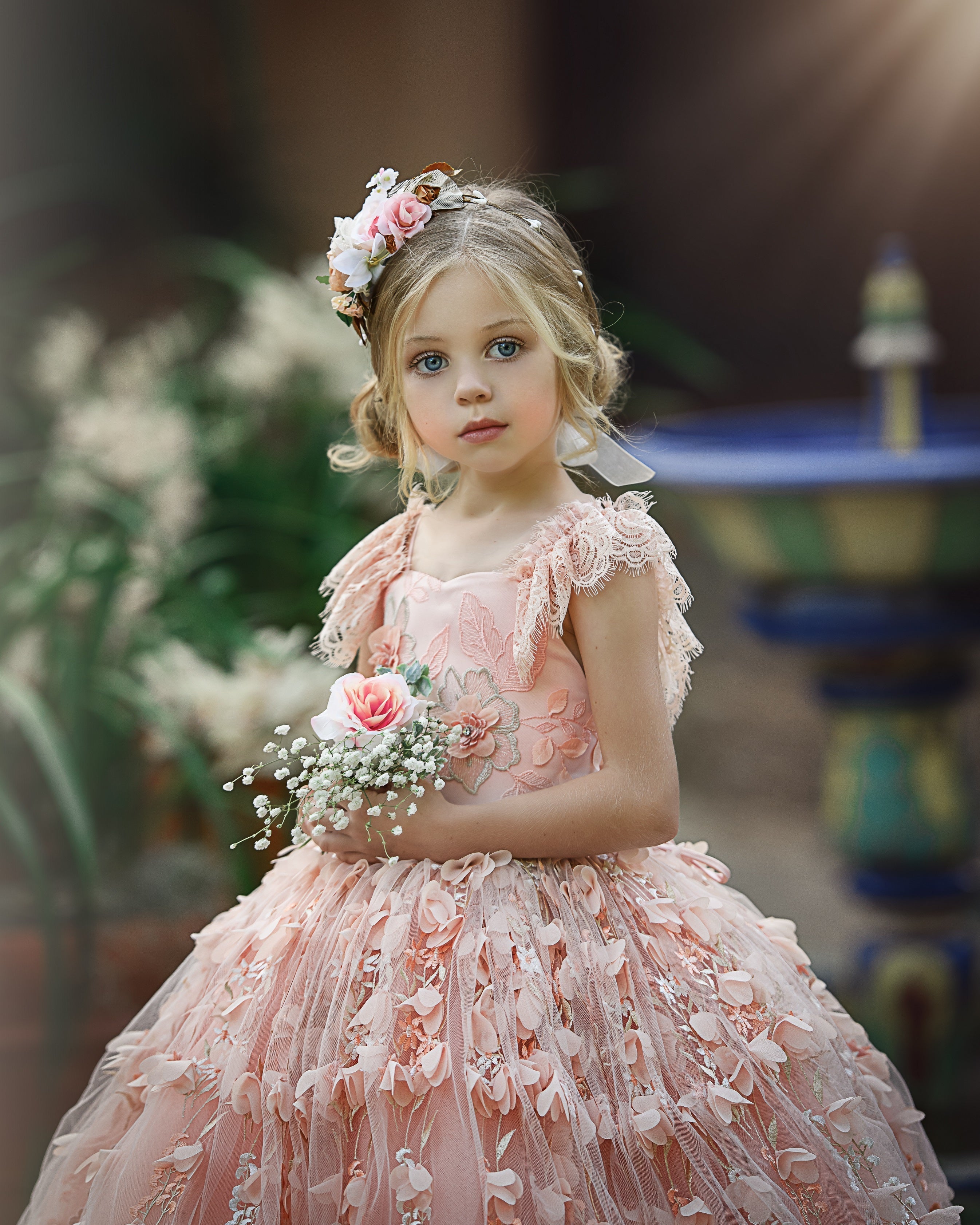 Princess Pink Lace Flower Girls Dress With Cap Sleeves