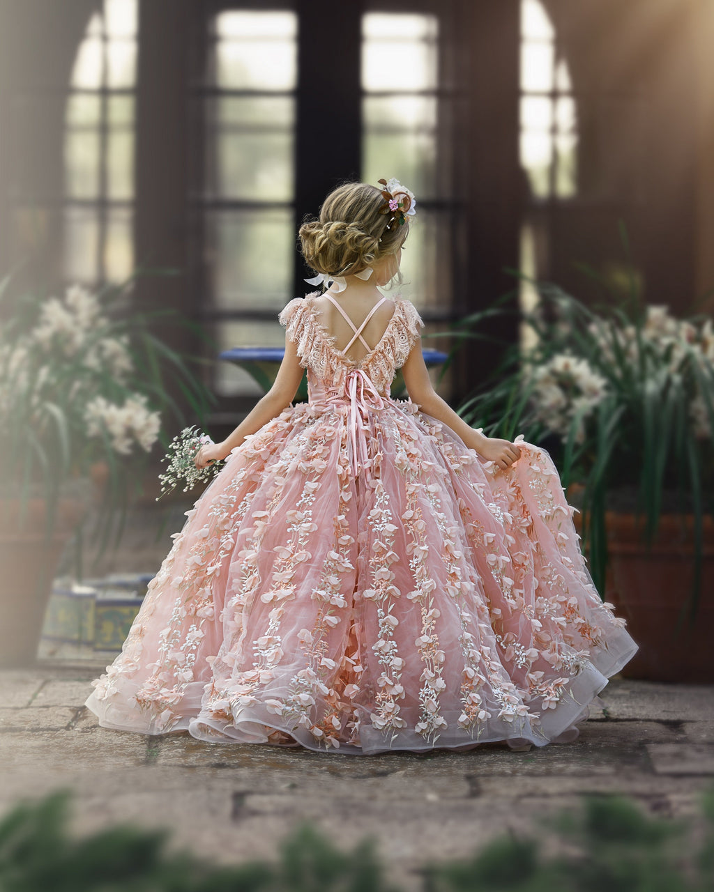 Princess Pink Lace Flower Girls Dress With Cap Sleeves