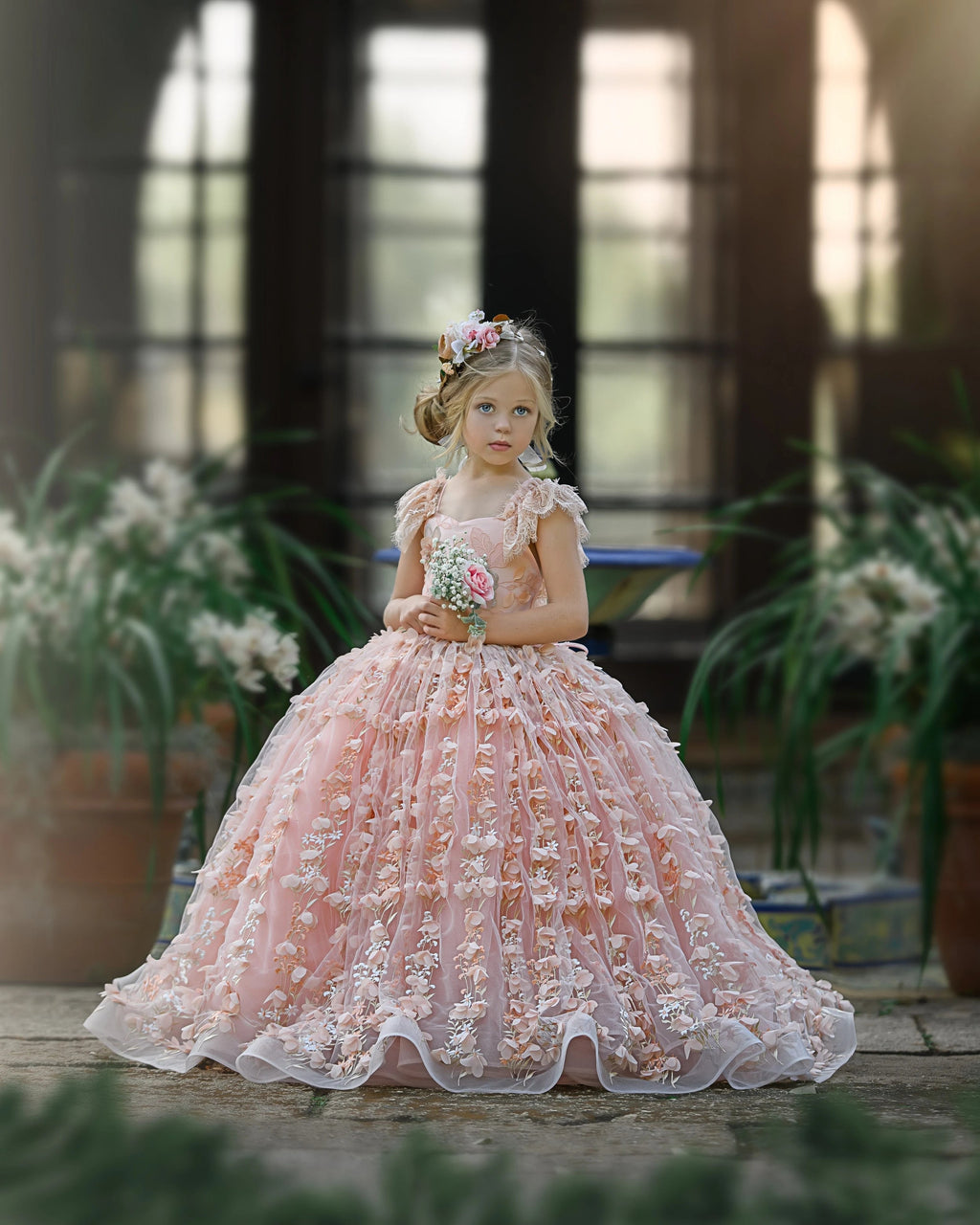 Princess Pink Lace Flower Girls Dress With Cap Sleeves