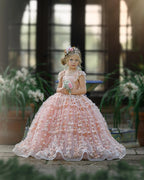 Princess Pink Lace Flower Girls Dress With Cap Sleeves