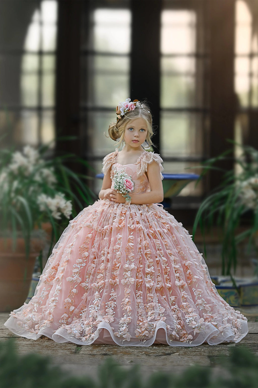 Princess Pink Lace Flower Girls Dress With Cap Sleeves
