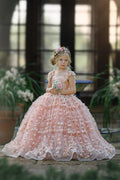 Princess Pink Lace Flower Girls Dress With Cap Sleeves