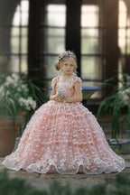 Princess Pink Lace Flower Girls Dress With Cap Sleeves