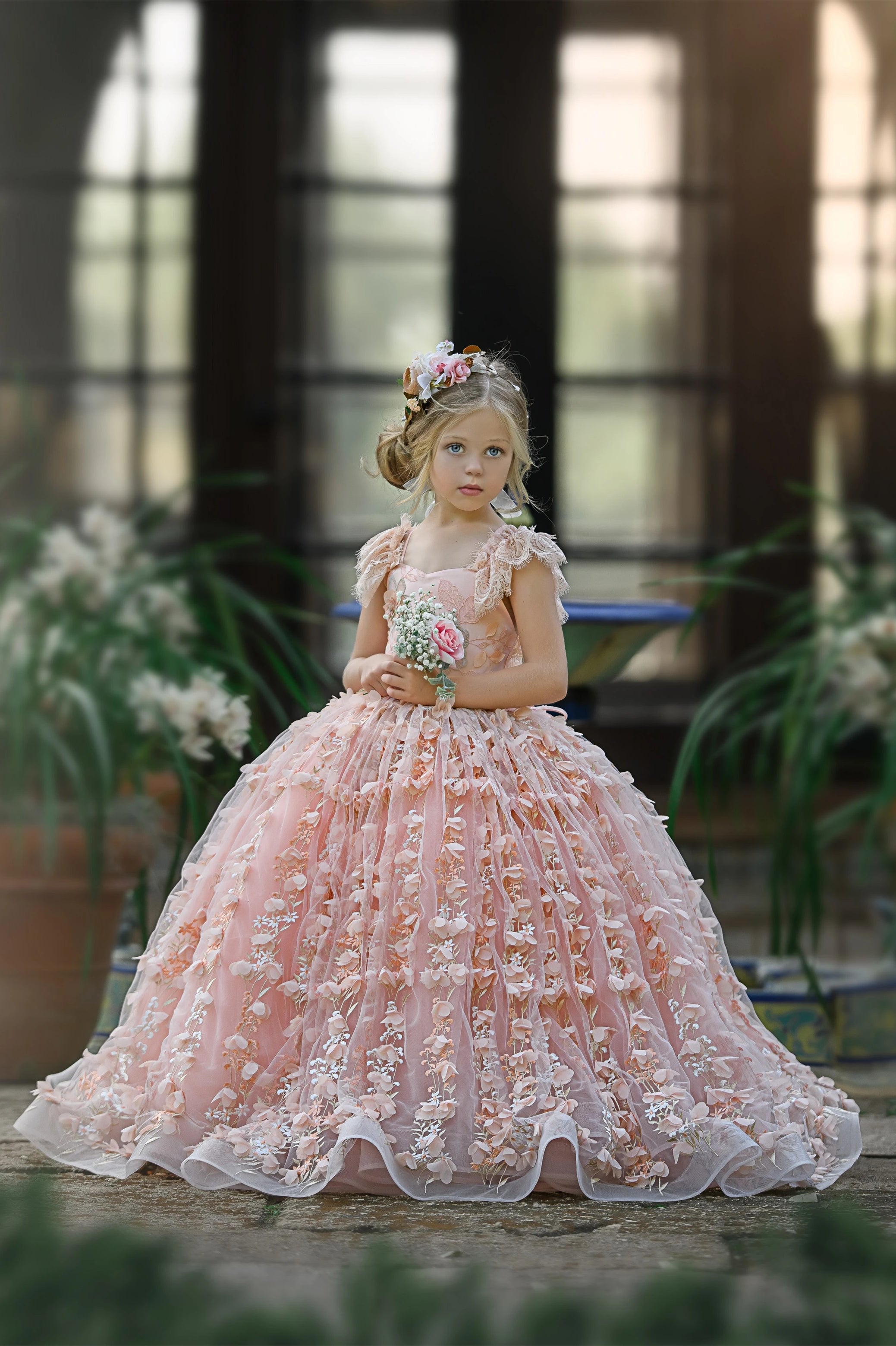 Princess Pink Lace Flower Girls Dress With Cap Sleeves