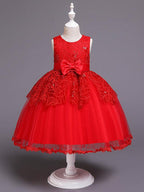 Princess Sleeveless Jewel Neck Satin Tulle Flower Girl Communion Dress