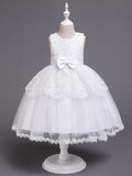 Princess Sleeveless Jewel Neck Satin Tulle Flower Girl Communion Dress