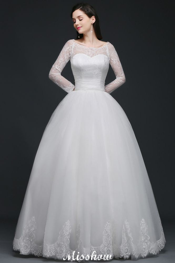 Weißes Prinzessin-Brautkleid aus Tüll mit U-Ausschnitt und Spitze