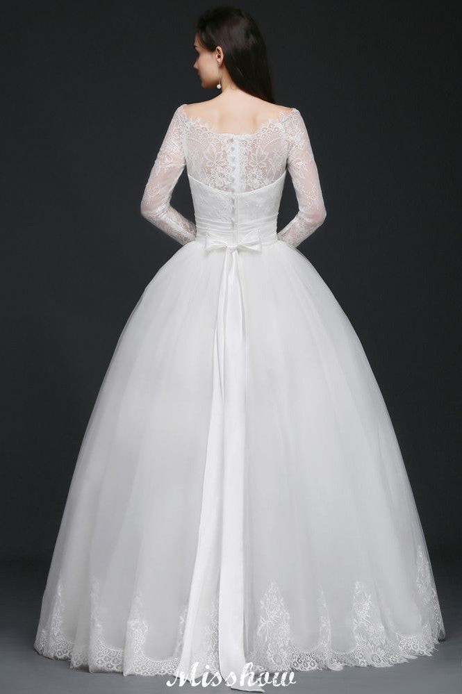 Weißes Prinzessin-Brautkleid aus Tüll mit U-Ausschnitt und Spitze