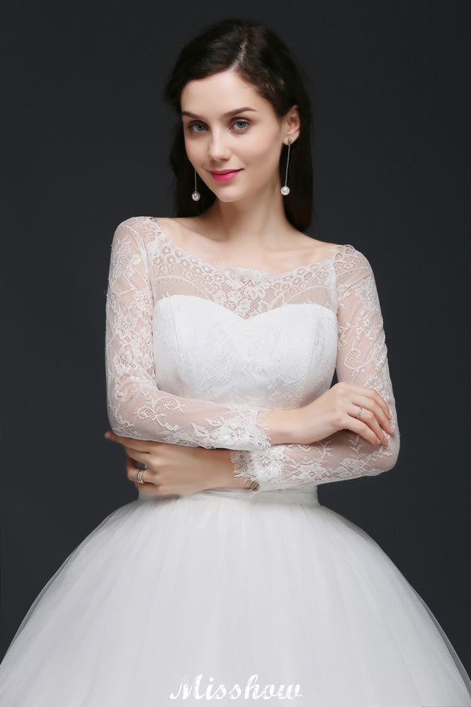 Weißes Prinzessin-Brautkleid aus Tüll mit U-Ausschnitt und Spitze