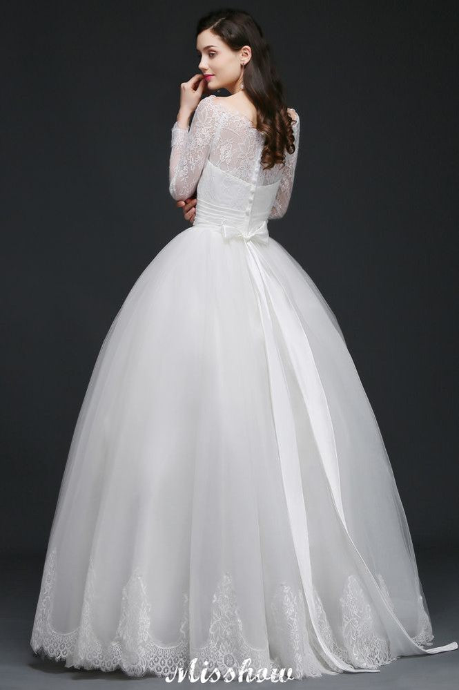 Weißes Prinzessin-Brautkleid aus Tüll mit U-Ausschnitt und Spitze