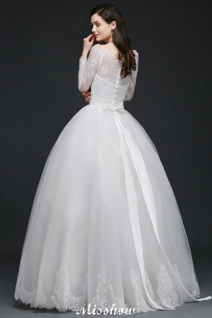 Weißes Prinzessin-Brautkleid aus Tüll mit U-Ausschnitt und Spitze
