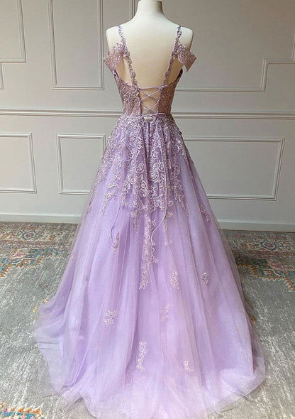 Vestido de fiesta de princesa con tirantes finos, de tul hasta el suelo y apliques de cuentas