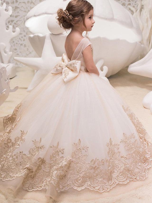 Sleeveless Cotton Lace Flower Girl Dress Sweep Train Wedding