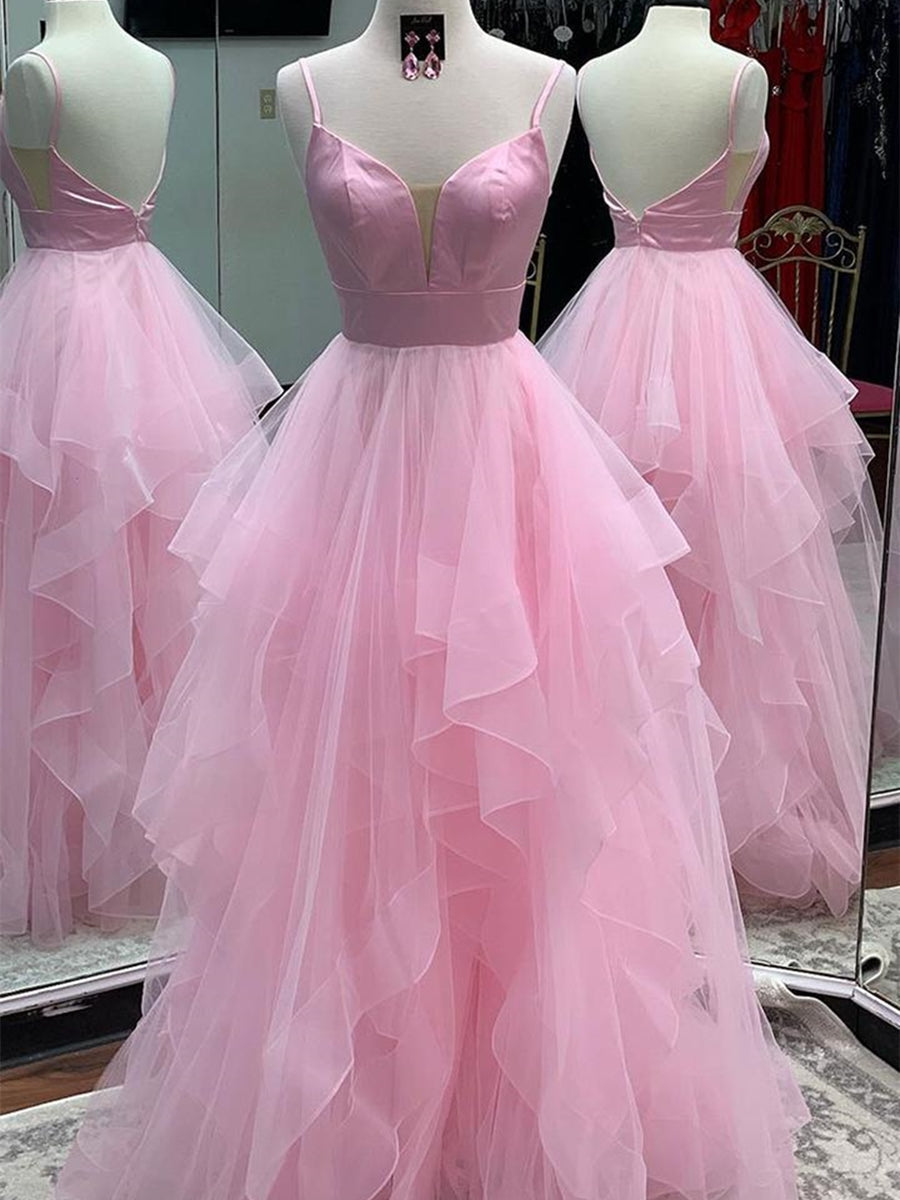 Abito da sera lungo formale con scollo a V, schiena scoperta, in tulle vaporoso e soffice per ballo di fine anno