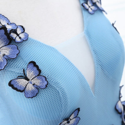 Princess V Neck Chapel Train Chiffon Sky Blue Prom Dresses With Butterfly Applique