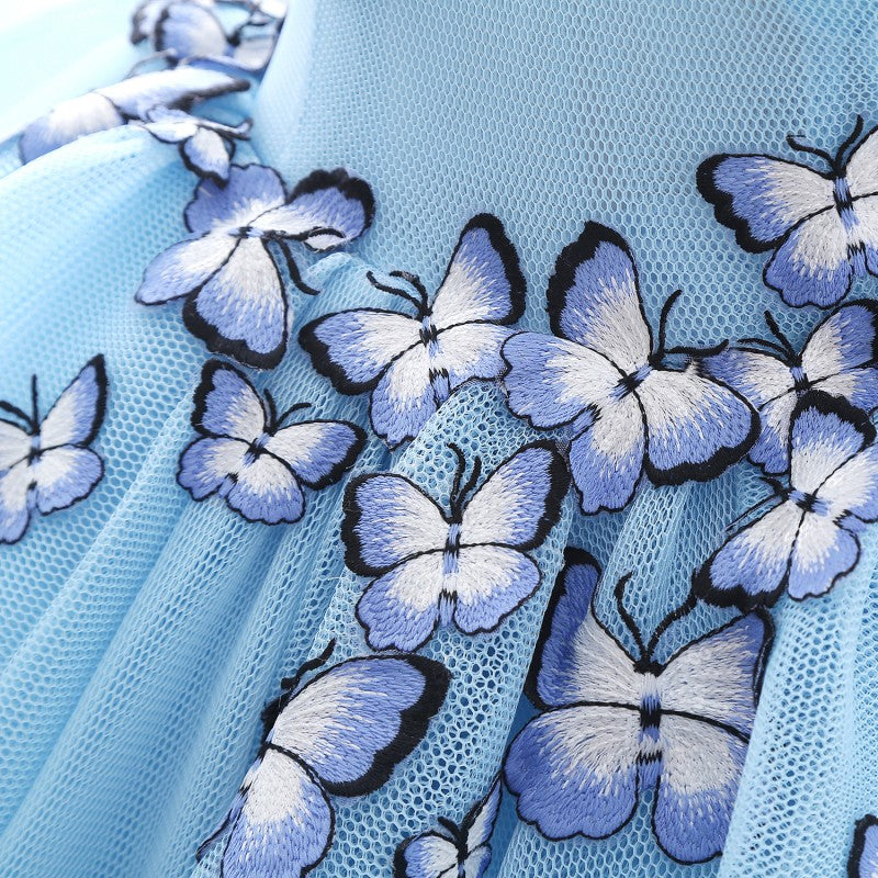 Princess V Neck Chapel Train Chiffon Sky Blue Prom Dresses With Butterfly Applique