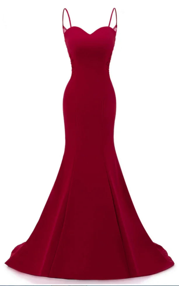 Abiti da sera lunghi a sirena con spalline rosso scuro Abiti formali rosso scuro Y1037