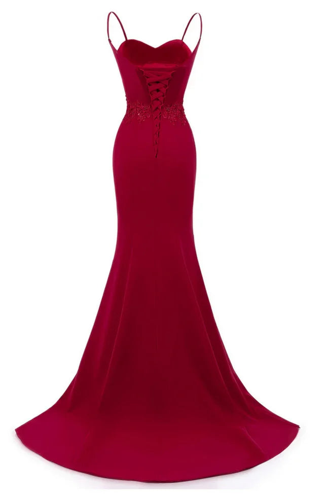 Abiti da sera lunghi a sirena con spalline rosso scuro Abiti formali rosso scuro Y1037
