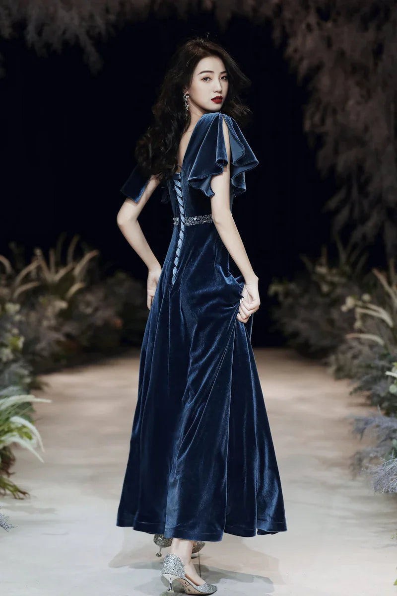 Abito da sera blu su misura abito elegante abito da ballo sexy abito di velluto su misura Y1172